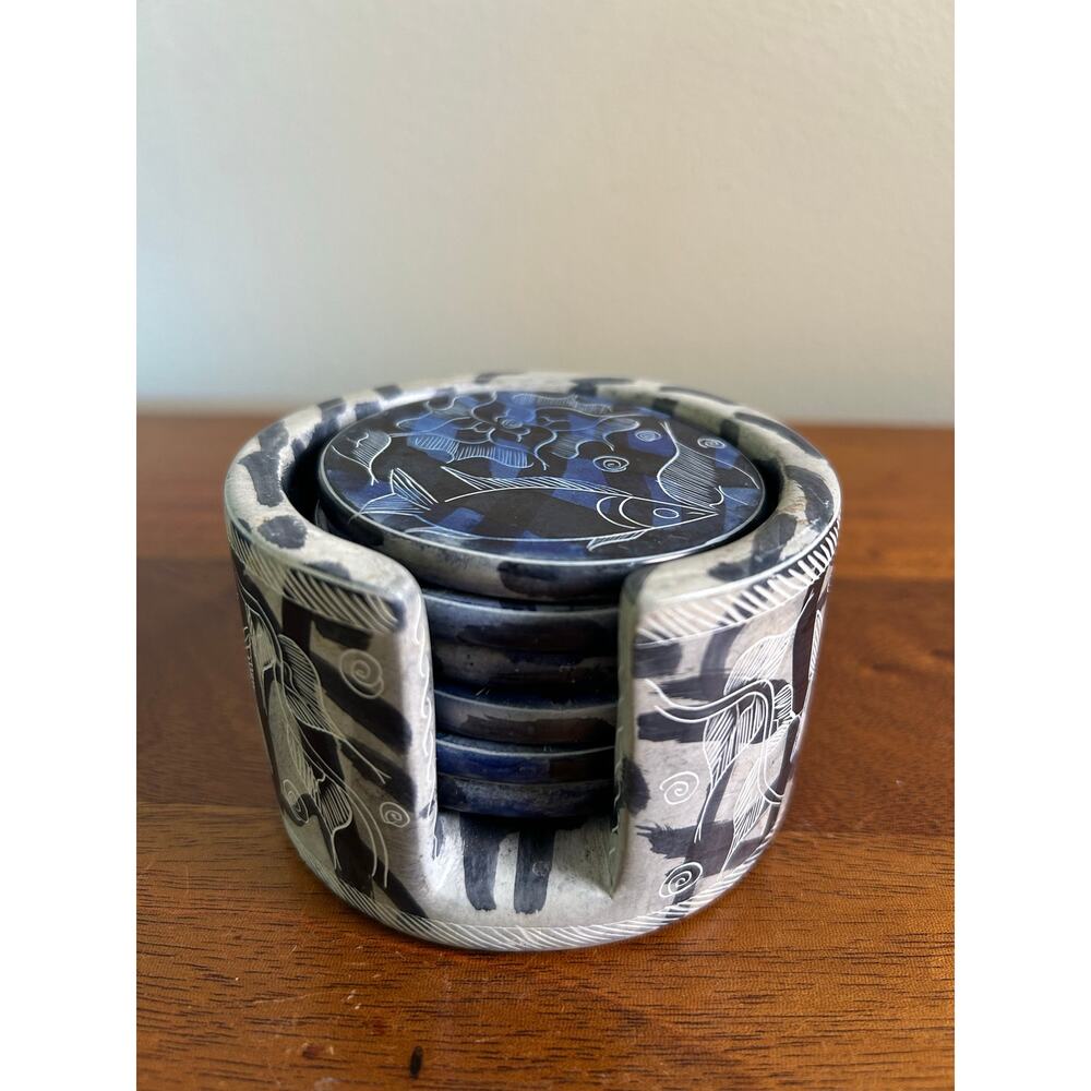 Vintage Hand-Carved Kenyan Soapstone Coaster Set with Holder